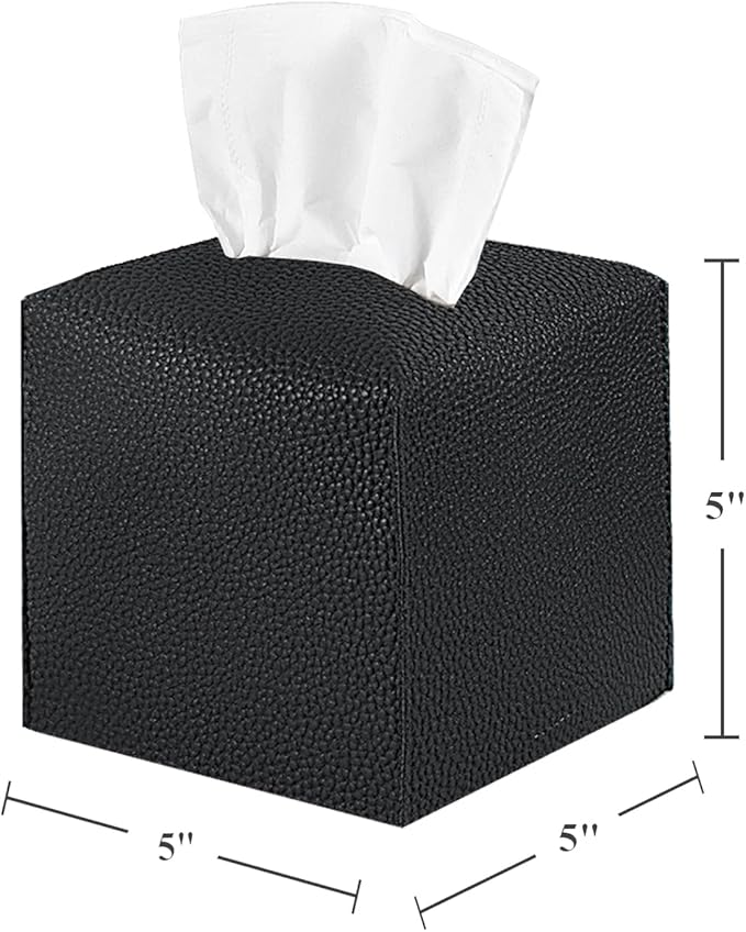2 Pack, VIVIDLY Tissue Box Cover Holder, Square Modern PU Leather Tissue Box Holder, Can be Used for Bathroom Dressing Table, Bedside Table, Office Desk & Car 5"X5"X5"- (Black, 2)