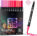 Pink Duo Tip Marker Pens, 12 Pack Fine & Brush Markers for Adult Coloring Books No Bleeding, Blushing Pink Markers for Romantic Illustrations, Floral Designs, Cute Doodling and Lettering