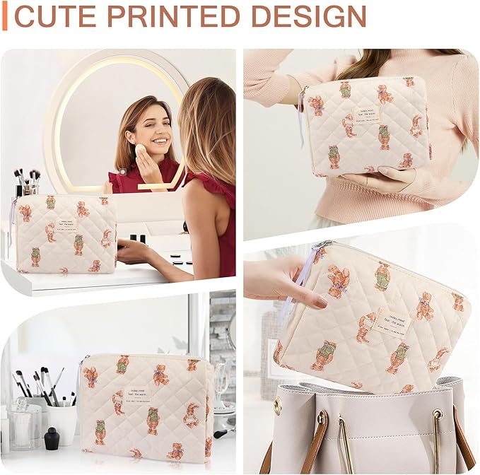 Floral Makeup Bag, Small Cosmetic Bag for Women Girls, Cute Cotton Makeup Bag, Quilted Makeup Bags, Flower Travel Toiletry Organizer Bag (White Bear)