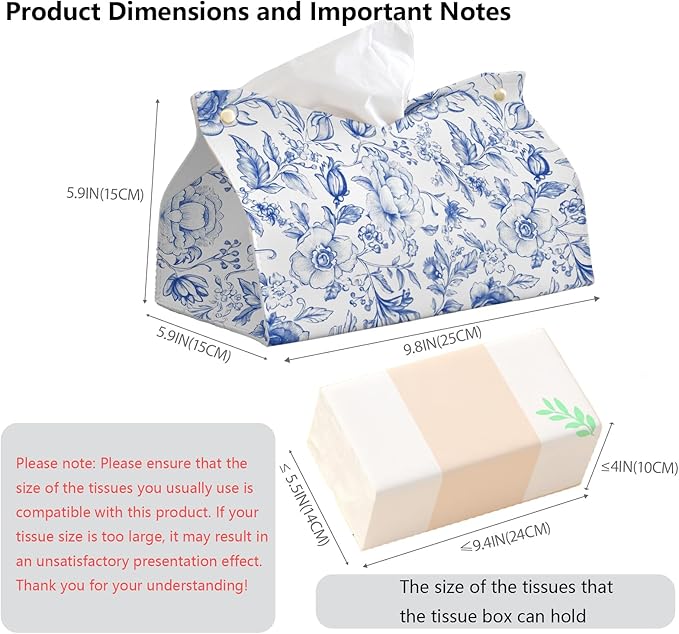 Blue Chinoiserie Tissue Box Cover Rectangle,Blue and White Floral Toilet Paper Box Holder,PU Leather Decorative Facial Paper Case for Living Room Bathroom Kitchen Office Desk,9.8x5.9x5.9In