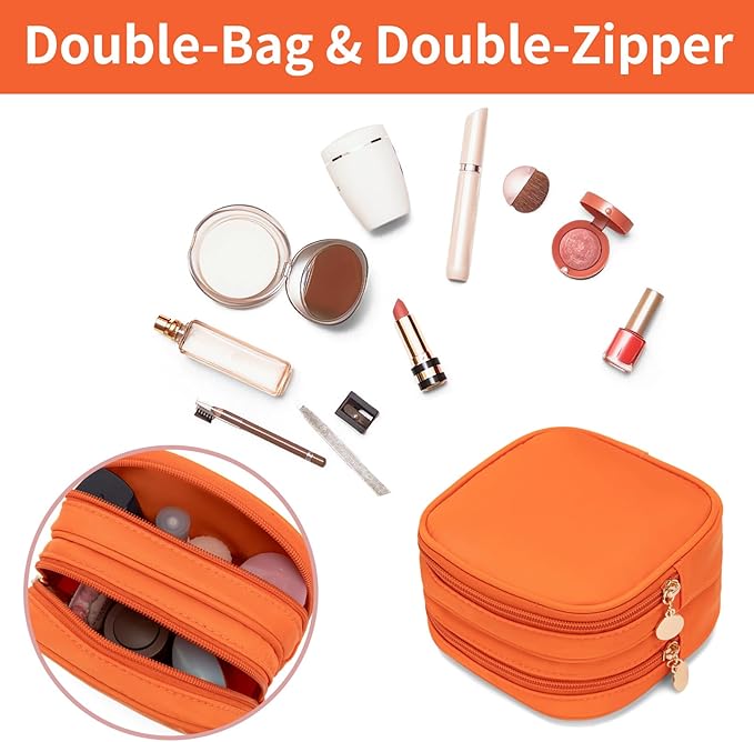 Small Makeup Pouch, Double Zipper Cosmetic Bag, Travel Makeup Bag, Cute Makeup Bag for Purse, Mini Toiletry Bag (Peach)