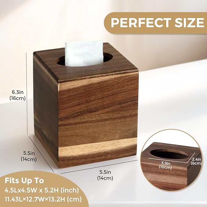 2 Pack Wood Tissue Box Cover， Acacia Wood Tissue Box Cover Square, Decorative Cube Facial Wooden Tissue Box Holder with Slide-Out Bottom for Bathroom, Bedroom, Dinner Table, Office, Kitchen