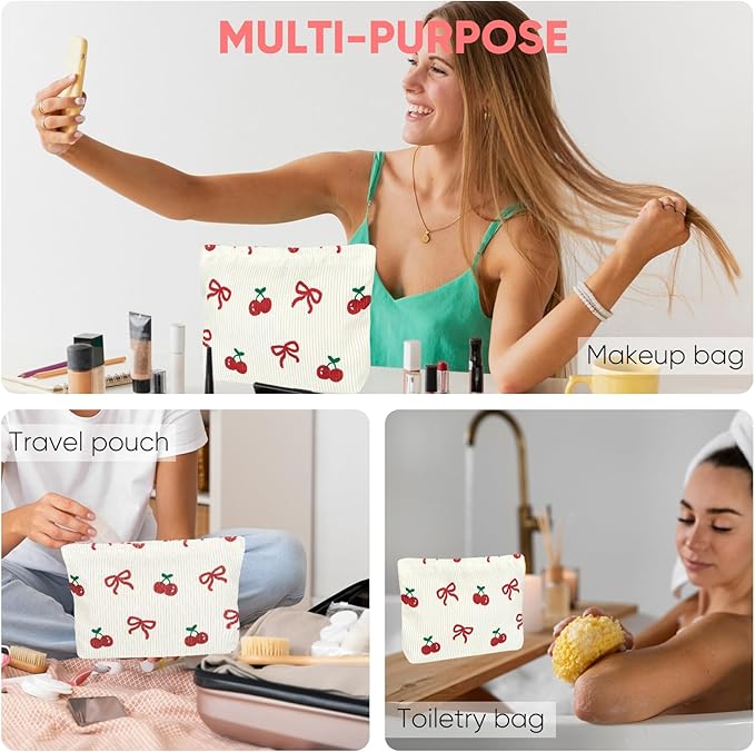 Cute Makeup Pouch for Women Bow Cherry Small Make Up Bag for Purse Zipper Initial Cosmetic Bags Pouches for Purse Aesthetic Travel Toiletrybags,Red Cherries Bows