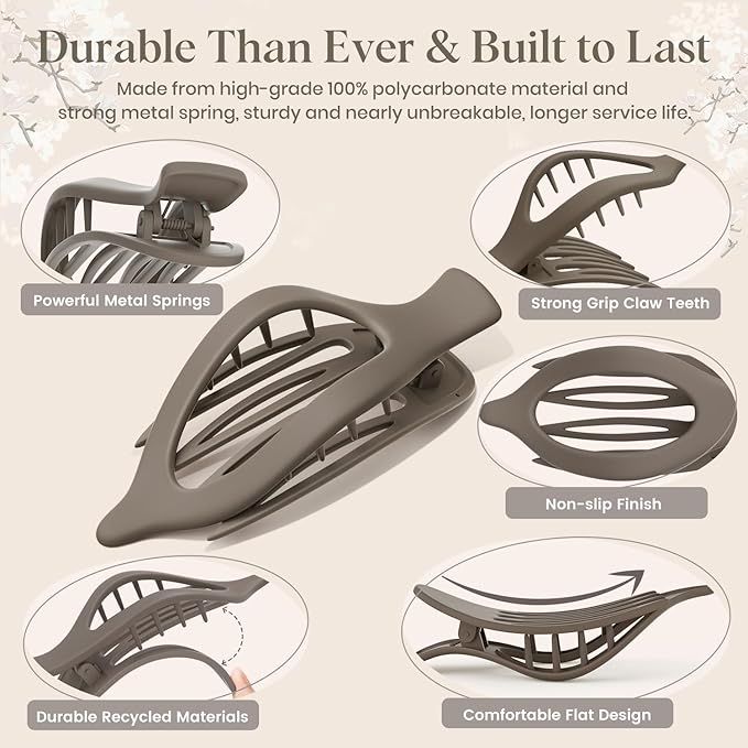 6 PCS Large Flat Hair Clips for Women Girls, French Concord Lay Down Flat Claw Clips for Thick Thin Hair, Comfortable Curved Hair Clip, Matte Non-slip Strong Hold Hair Accessories, Brown