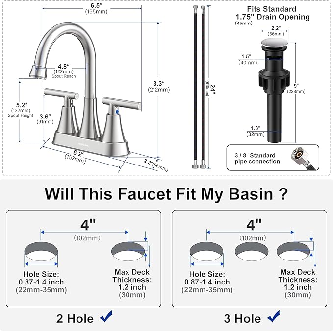 Bathroom Faucets for Sink 3 Hole, Hurran 4 inch Brushed Nickel Bathroom Sink Faucet with Pop-up Drain and Supply Hoses, Stainless Steel Lead-Free Centerset Faucet for Vanity RV, 2 Pack