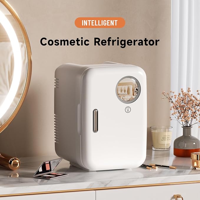 Compact Intelligent Cosmetic Mini Fridge(4L) - Skincare/Makeup/Drinks Cooler/Warmer with LED Makeup Mirror, Color Lights, Low Noise (30dB), AC/DC for Home/Dorm/Car