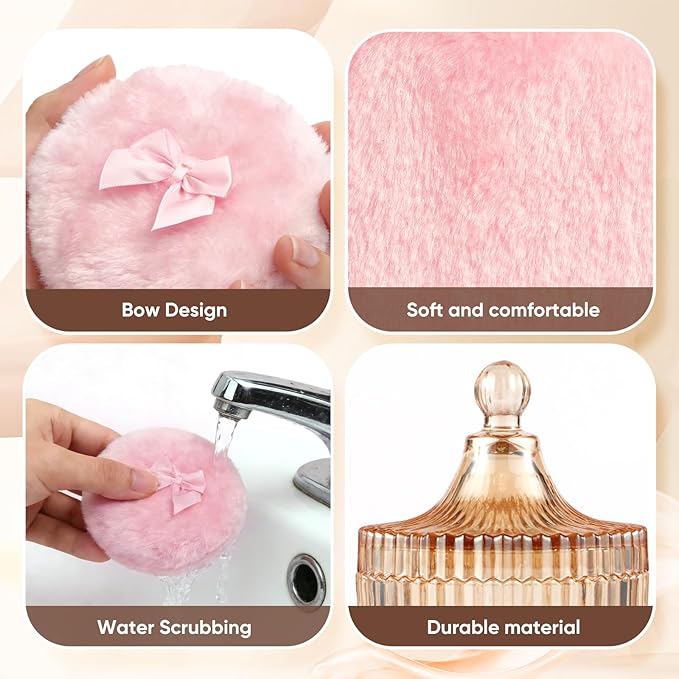 3 Pcs Dusting Powder Container with Puff, 3.54 Inch Soft Velour Dusting Powder Puff and Glass Powder Container, Washable Reusable Wet & Dry Powder Applicator for Women
