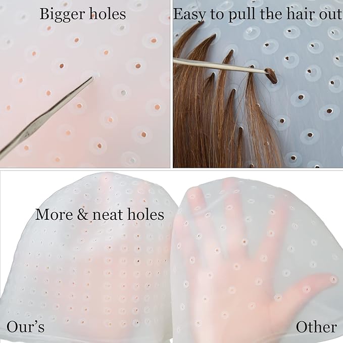 Punched Silicone Highlight Hair Cap with Needle Brushes Set Professional Reusable Highlighting Poked Hole Hooks for Salon Color Hairdressing Dyeing Staining Tools for Women Men