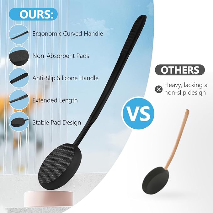 19-Inch Long Handle Lotion Applicator for Back, 3 Washable Pads, Non-Slip Design, Ideal for Sunscreen, Tanning & Moisturizers, Fits Everyone (Black)