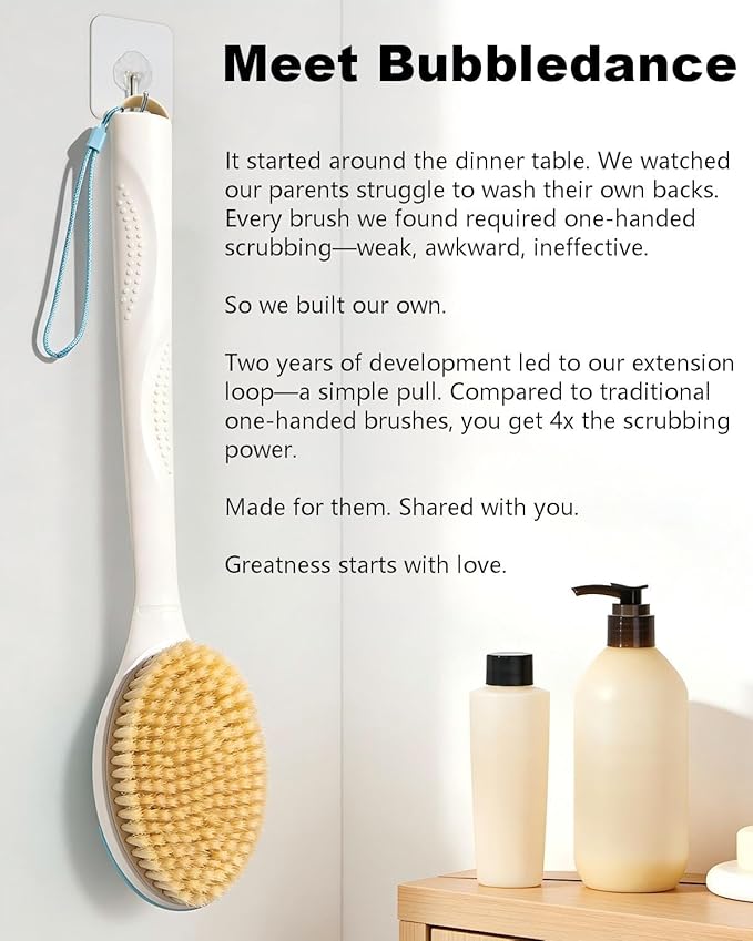 BUBBLEDANCE® Back Scrubber for Shower with Extendable Long Handle (17.5-31.9"), 1.3X Larger Natural Stiff Bristles, Anti-Slip Shower Brush for Deep Exfoliating, Bath & Dry Brushing