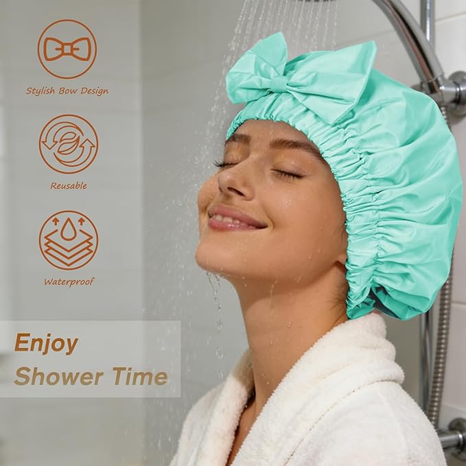 Reusable Shower Cap for Women with Stylish Bow, Non-Slip Waterproof Anti Humidity Bathing Cap, Roomy Anti Frizz for Short Medium Straight Wavy Hair, Soft Elastic & Machine Washable, Aqua