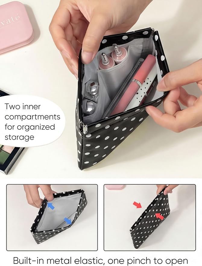 Dots Leather Makeup Pouch Set for Women Small Make Up Bag for Purse Waterproof Initial Makeup Cosmetic Bags Pouches for Purse Aesthetic Travel Toiletry Bag,Black White