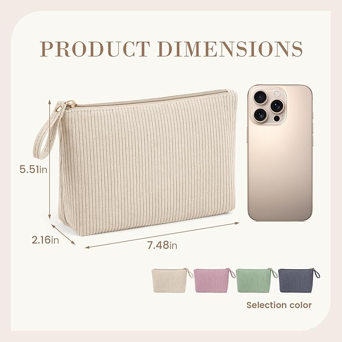 MAGEFY Small Makeup Bag, Corduroy Small Pouches for Purse Cosmetic Bag Makeup Pouches for Key Pocket Lipstick Bag Card Holder Data Cable Organizer(Beige,Small)
