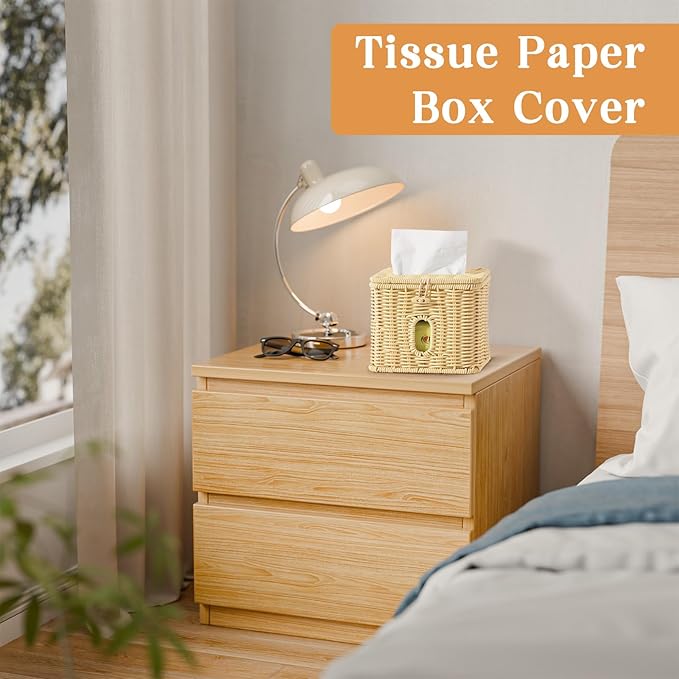 Facial Clean Skin Club Face Towels Holder for Bathroom, Plastic Rattan Disposable Face Towel Holder, Farmhouse Style for XL Face Towels Box Basket with Lid, Beige Color