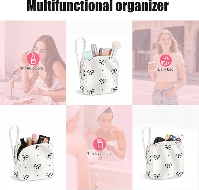 Small Makeup Bag | Discreet Period Bag Pad Pouch for Purse| Sanitary Napkin Storage & Tampon Holder for Travel (Cute black bow)