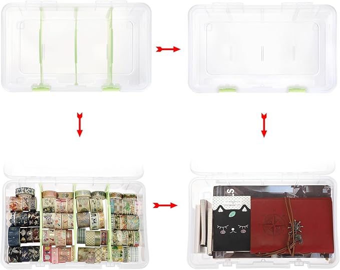 BTSKY Clear Plastic Dividing Storage Box with 4 Compartments Adjustable Storage Bin with Lid Plastic Craft Storage Container Multipurpose Sewing Box Art Supply Organizer, 13.3x8.1x3.4 Inches, Green