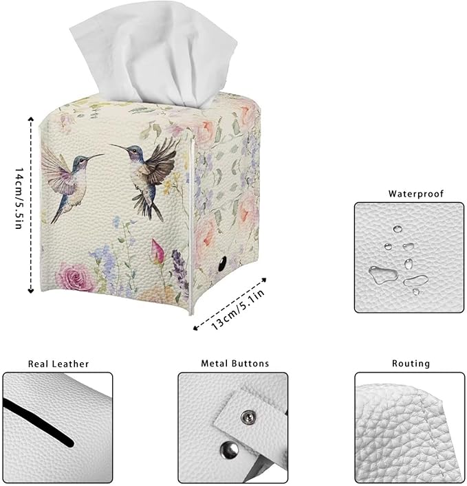 Bird Flowers Minimalist Tissue Box Holder, Square PU Leather Napkin Organizer with Secure Metal Button, Waterproof and Stain-Resistant Tissue Cover for Home, Kitchen, and Automotive Use