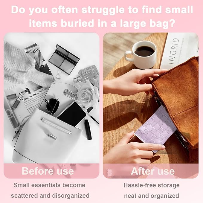 4Pcs Small Makeup Bag for Purse, Mini Checkered Leather Purse Pouches for Purse Small Makeup Pouch Small Coin Purse Organizer Pouches, Portable No Zipper Pocket Cosmetic Bag for Women (Pink, Purple)