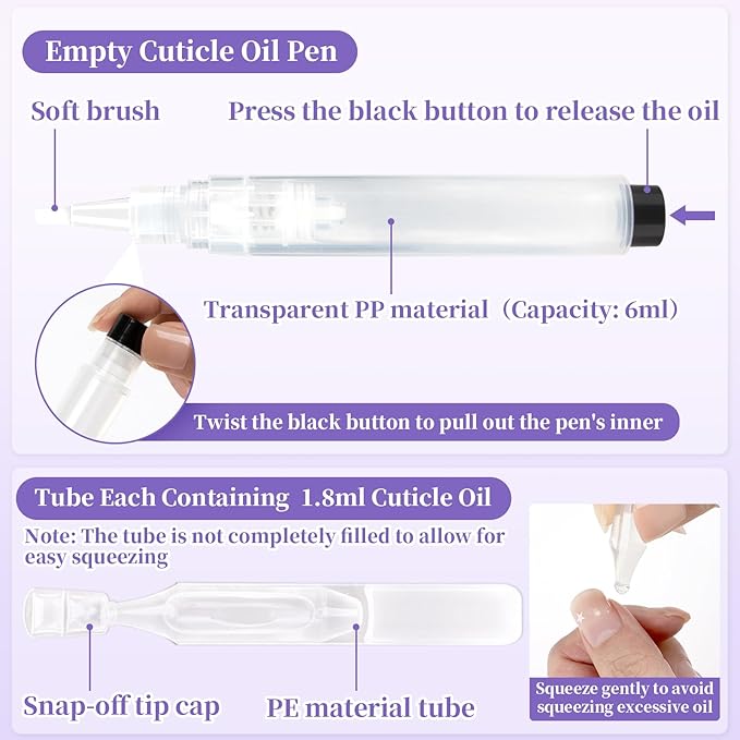 Refillable Cuticle Oil Pen - 1 Empty Nail Oil Pen with 10 x 1.8ml Queeze Cuticle Oil Stick with Vitamin E Jojoba Oil Softener Moisturizer Growth Strength Repair for Thin Damaged Nails（Lavender）