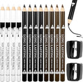 12Pcs Barber Pencil with 2 Sharpener, Magic Hairline Pencils for Lineup Beard Shaping Beard Guide Pen Barber Chalk for Men Beards Hair Makeup Design White Black Dark Brown Light Brown