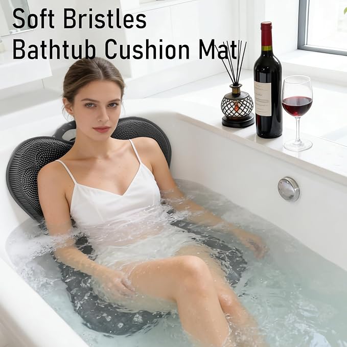 Back Scrubber Body Bath Cushion Tub Bathtub Back Lumbar Support Ergonomic Silicone XL Thick Soft Seat Pad Non-Slip Suction Cups Relaxing Spa Mat Exfloating Scrubbing Shower 28 x 19 Grey