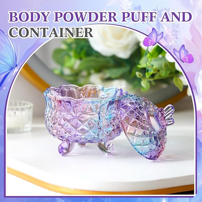 Tioncy 3 Pcs Large Body Powder Puff and Container Powder Container with Puff Crystal Case Soft Washable Reusable Velour Face Body Glitter Wet Dry Makeup Gift(Butterfly, Pastel)