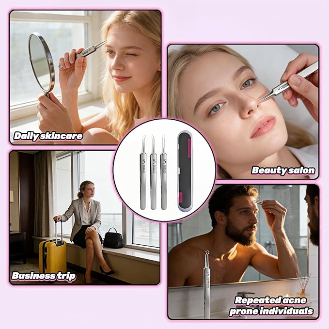 Professional Blackhead Remover Tweezers Set, Stainless Steel Pimple Extractor Tool Kit with Straight, Angled and Curved Tips, 3 Piece Set with Storage Case