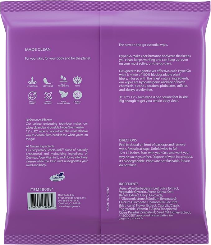 HyperGo XL Body Wipes for Women & Men – 12" x12" Rinse-Free Full Body Cleansing Wipes 20 Count Pack - Lavender | Biodegradable, Hypoallergenic, Aloe-Infused | Gym, Festival, Camping Essentials