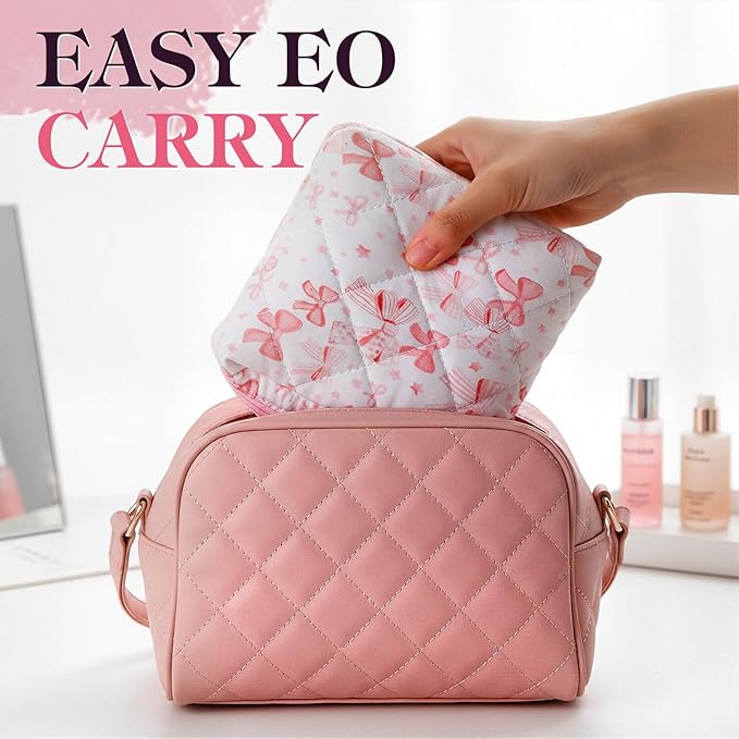 Paterr 4 Pcs Mini Quilted Floral Makeup Bag Women Gifts Small Cosmetic Bag Floral Quilted Makeup Pouch with Zipper Cute Travel Toiletry for Mom Teacher Women Girls Gifts(Pink Bow, Flower)