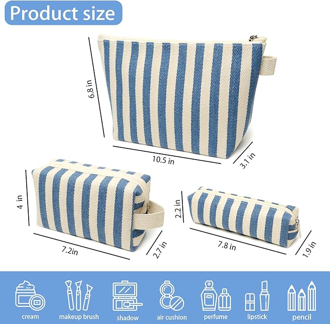 3 Pcs Makeup Bag Set Striped Canvas Purse Cosmetic Bag For Women Travel Toiletry Pouch Organizer pencil case (Blue-White)