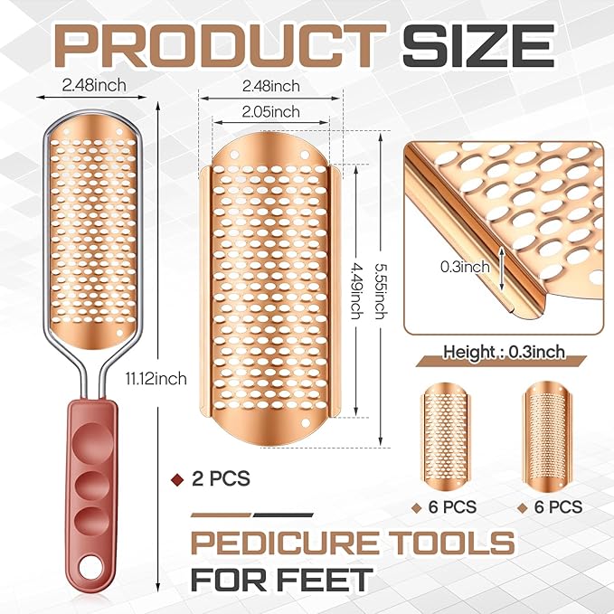 Moxweyeni 14 Pack Colossal Foot File Pedicure Tool Set with 2 Style Large and Small Hole Replacement Callus Remover Blades Rose Gold Stainless Steel Detachable Pedicure Foot Rasp for Dead Skin Remover