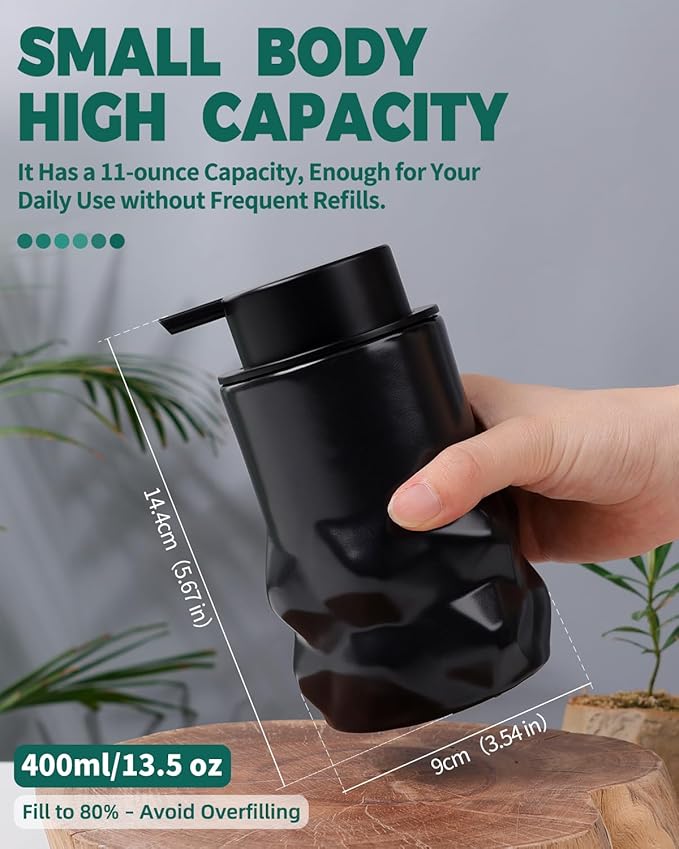 BosilunLife Hand Soap Dispenser - Foam Soap Dispenser Bathroom Ceramic Dish Liquid Soap Dispenser for Kitchen, Bathroom Countertop Soap Dispensers (Black-Liquid-Sculpt)