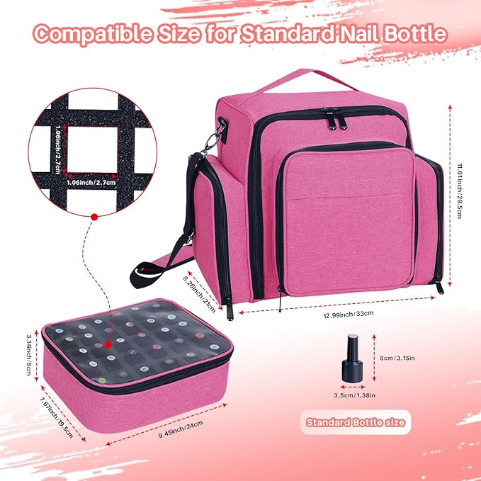 Nail Polish Organizer Storage Box, Holds 90 Bottles of Nail Polish, Portable Travel Case with 3 Separate Storage Bags, Can Be Used for Nail Art Supplies, Manicurists, etc Rose Red