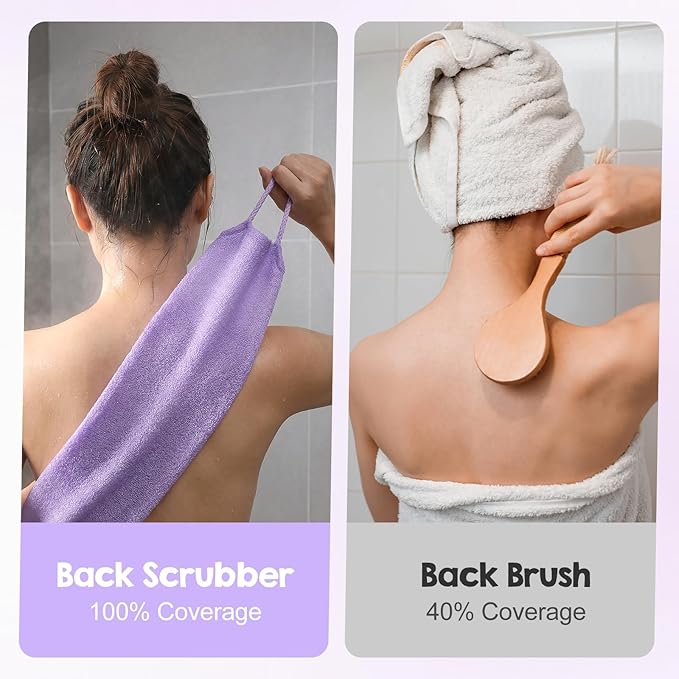 4PCS Exfoliating Back Scrubber with Handles, Double-Sided Nylon Exfoliating Washcloth Extended Length Exfoliator Stretchy Pull Strap Back Washer Body Exfoliatin Washcloth for Women Men