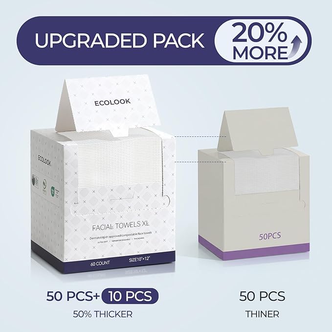 ECOLOOK Disposable Face Towel XL-10"x12" Upgraded Thick Facial Towels, Ultra Soft Clean Face Towels Disposable, 60 Count & 90 GSM, Ideal for Sensitive Skin-2 PACK