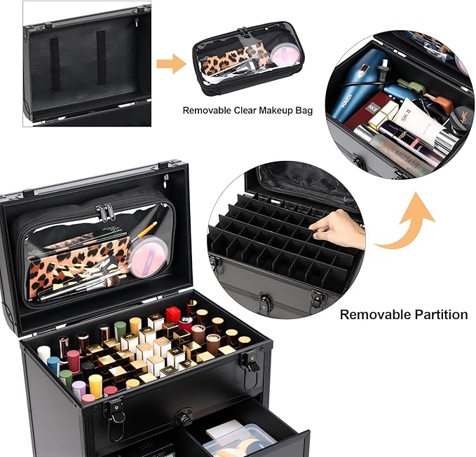 3 in 1 Rolling Makeup Case, Professional Cosmetology Case on Wheels with 2 Drawers, Ideal Gift for Hairstylist, Nail Techs, 3 Tiers Portable Beauty Organizer Case for Travel or Salon Use, Black