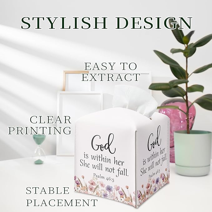 Christian Bible Verses Tissue Box Cover Square, Inspirational Quotes Waterproof Leather Tissue Box Holder, Flowers Paper Facial Tissue Box Covers Cube for Office Bathroom Home Prayer Room Decor