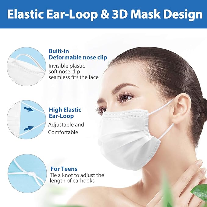 [Upgraded 2023] Disposable Face Masks White 50pcs, 3 Layer White Masks for Men Women Adult-Large