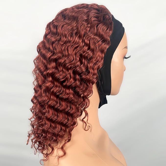 XSY Headband Wig Human Hair Curly Reddish Brown 150% Density Brazilian Virgin Hair #33 Red-Brown Deep Wave Headband Wig Glueless None Lace Front Wig 18 Inch