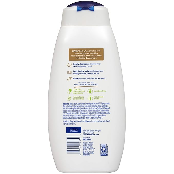 Nivea Cocoa and Shea Butter Pampering Body Wash with Nourishing Serum, 20 Fl Oz Bottle (Pack of 3)