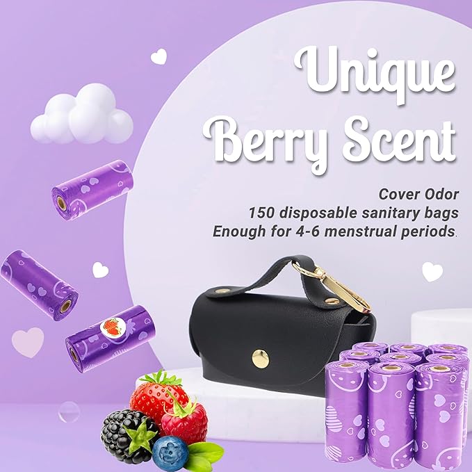 Sanitary Napkin Disposal Bags with Dispenser Feminine Hygiene Disposal Bags for Tampons Trash Bag, Personal Care Sanitary Bag for Women Privacy Handling (Purple)