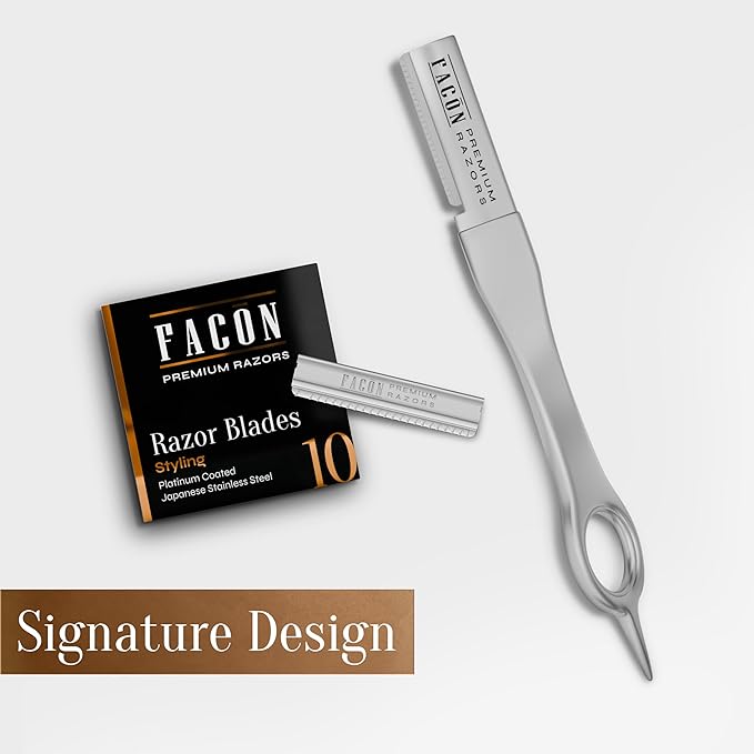 Facón Beard Razor for Men - Professional Beard Shaping Tool Grooming Kit with 11 Replacement Blades, Mustache Shaper, Edger & Lineup, Premium Precision Straight Edge Razor 100% Stainless Steel Blade