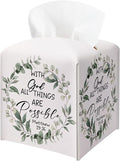 Eucalyptus Bible Verse Tissue Box Cover, PU Leather Drawstring Bottom - God Bible Verse, Eucalyptus Wildflower Decor, Thank You, Farewell, for Friends, Colleagues, Christians | Decorative Organizer