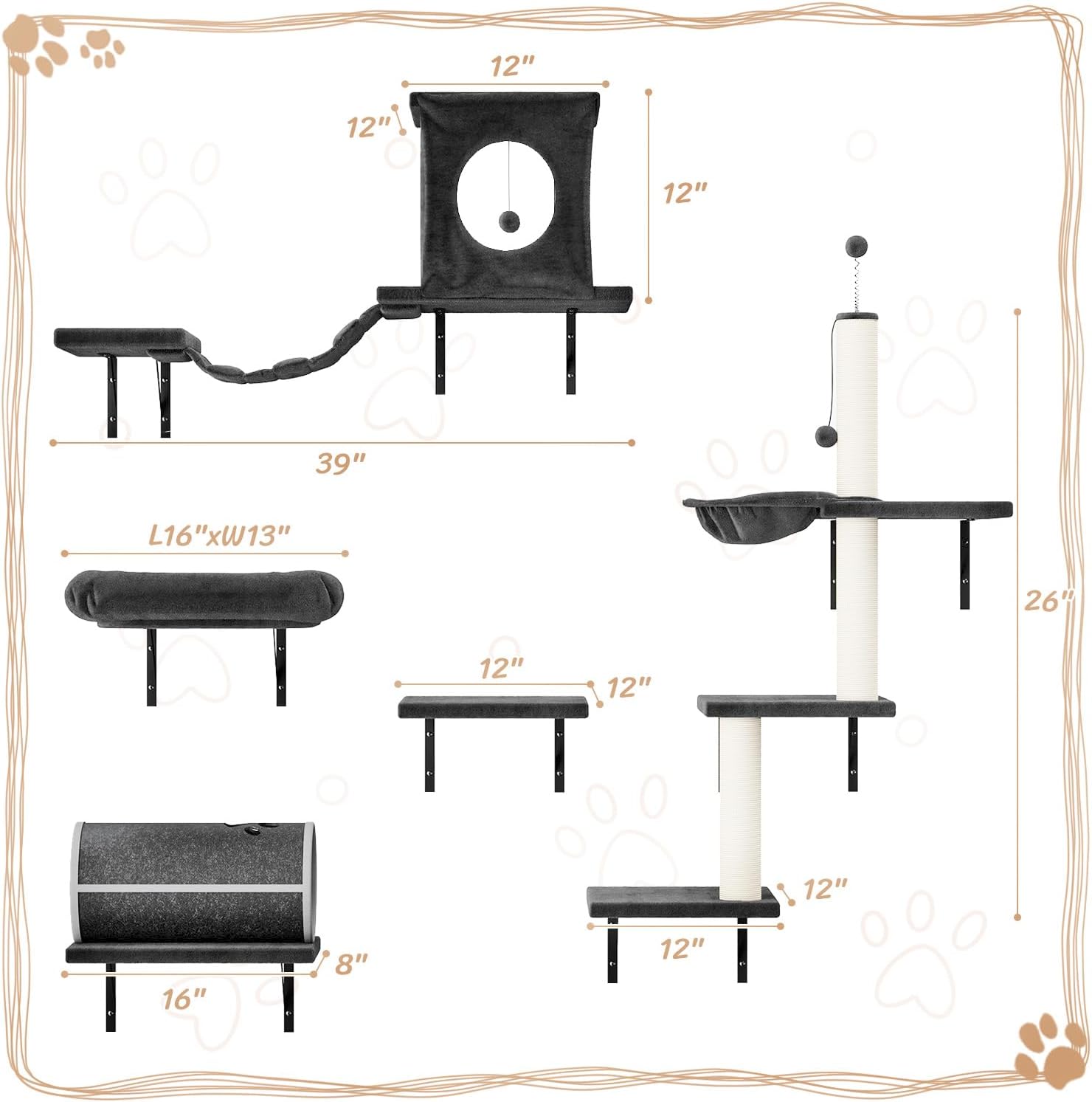 NUNU LAB 7-in-1 Wall Mounted Cat Climber Set, Cat Wall Furniture Set with House, Bridge, Steps, Scratcher Post, DIY Playground, Cat Wall Shelves - Dark Gray