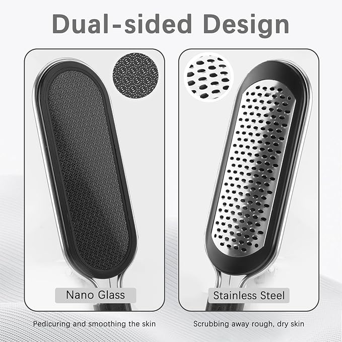 FREATECH Nano Glass & Stainless Steel Foot File 2-in-1 Foot Rasp for Callus Remover, Professional Pedicure Tool for Hard Cracked Dead Heel Skin, Smooth Exfoliating Heel Care for Home Spa Shower