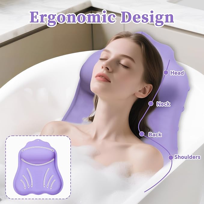 Luxury Silicone Bath Pillow for Tub, New Cloud-Soft 4D Air-Cushion Bathtub Pillow for Head and Neck & Back Support, Strong Suction Cups, Waterproof Quick-Dry Bathtub Headrest (Purple)