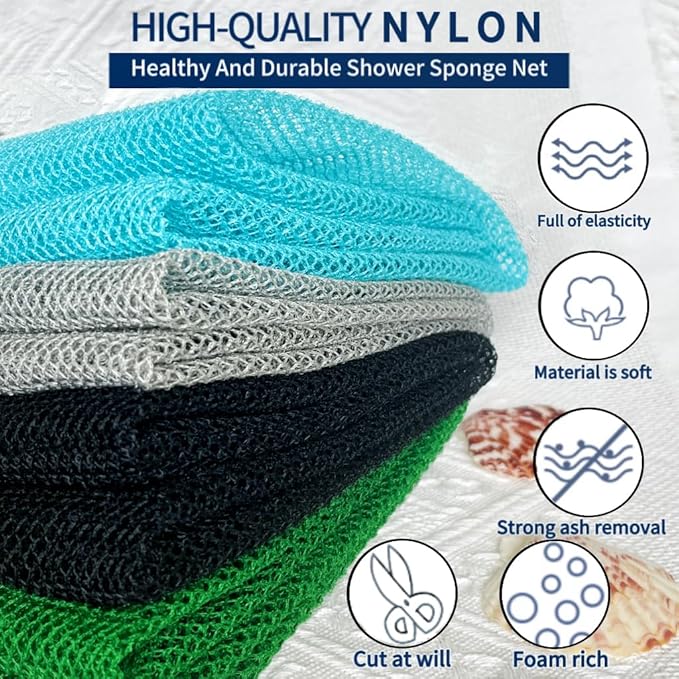 African Exfoliating Net, African Net Sponge, Nylon African Bathing Sponge Net, African Net Long Net Bath Sponge Shower Body Scrubber Back Scrubber Skin Smoother ((Black,White,Blue,Emerald Green))