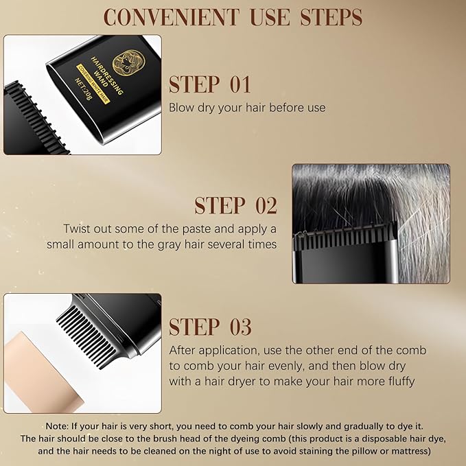 2-in-1 Hair Color Stick & Comb, Waterproof and Sweat-Proof Hair Dye Comb, Instant Convenient Root Touch Up for Gray Hair, Touch up Comb for Women & Men (Black)