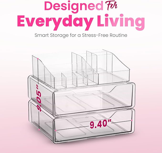 Masirs Clear Makeup Organizer - Acrylic Cosmetic Vanity Storage Organizers for Girls Dresser, Bathroom, Desk Counter - Plastic Make Up Holder, Jewelry Box (2-Drawer | Multi Compartments)
