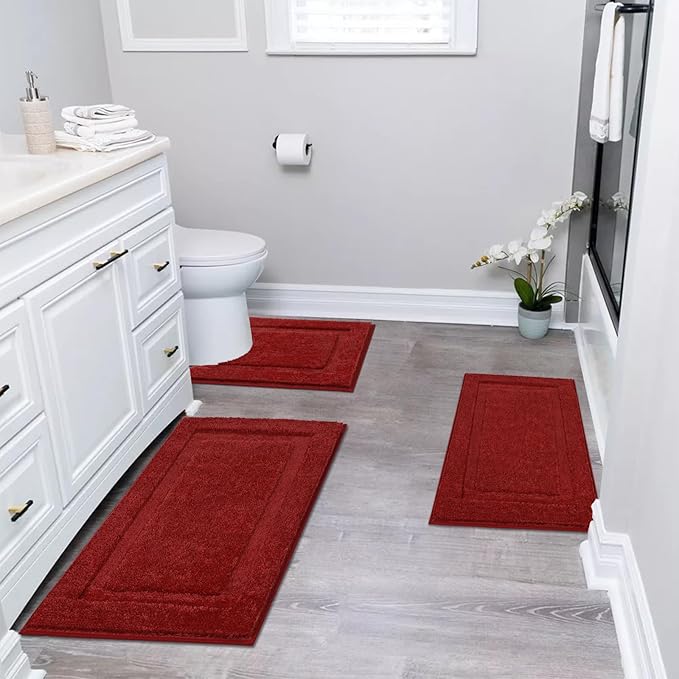SHACOS Red Bathroom Rugs Set of 3 Pieces, 16"x24" + 20"x32" Bath Rugs + 20"x24" U Shaped Toilet Rugs, Non-Slip Extra Soft Absorbent Bath Rug Washable Bathroom Floor Mats